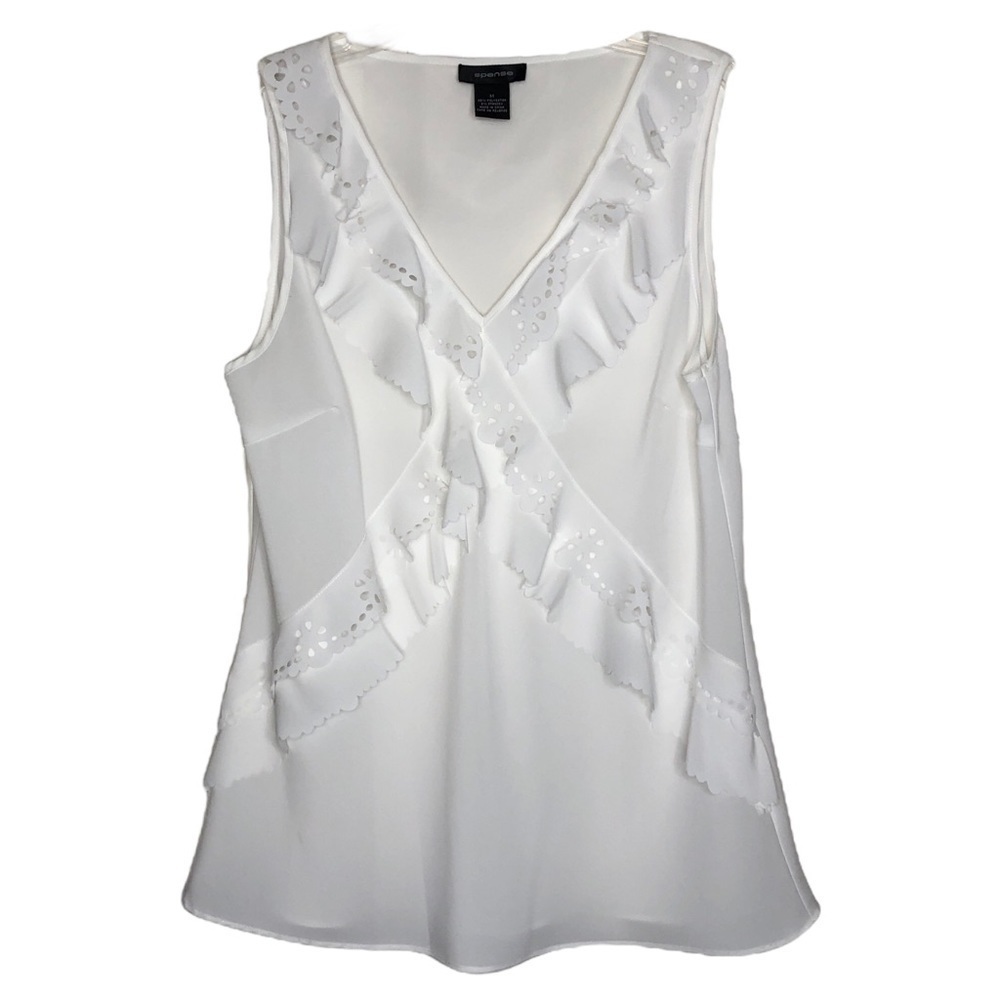 Spense Winter White Sleeveless V-Neck Tank Top w/ Ruffles & Cutouts- Size Medium